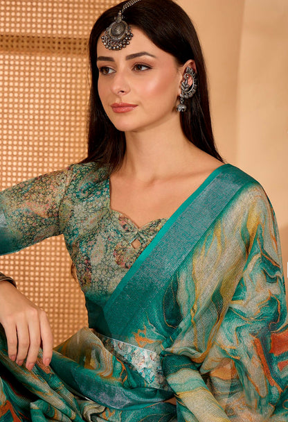 Teal Floral Print Linen Cotton Saree With Blouse for Women