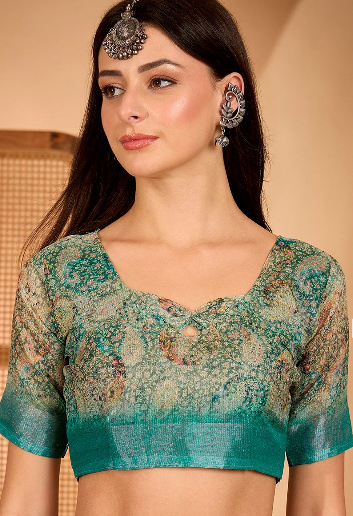 Teal Floral Print Linen Cotton Saree With Blouse for Women