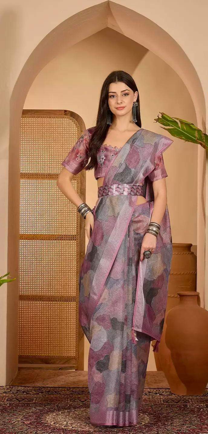 Mauve Floral Print Linen Cotton Saree with Blouse for Women