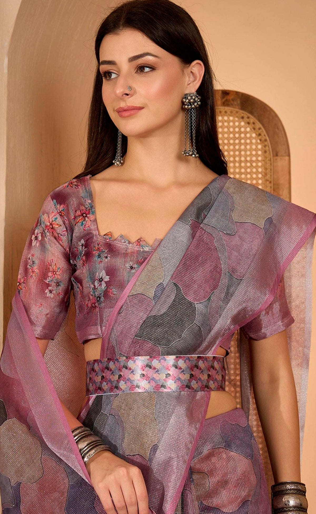 Mauve Floral Print Linen Cotton Saree with Blouse for Women