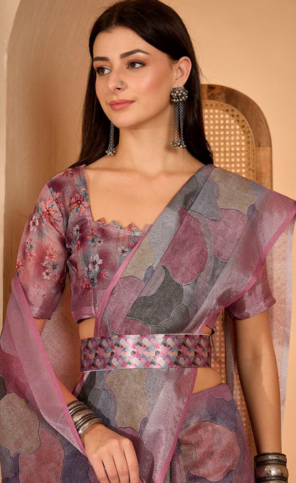 Mauve Floral Print Linen Cotton Saree with Blouse for Women