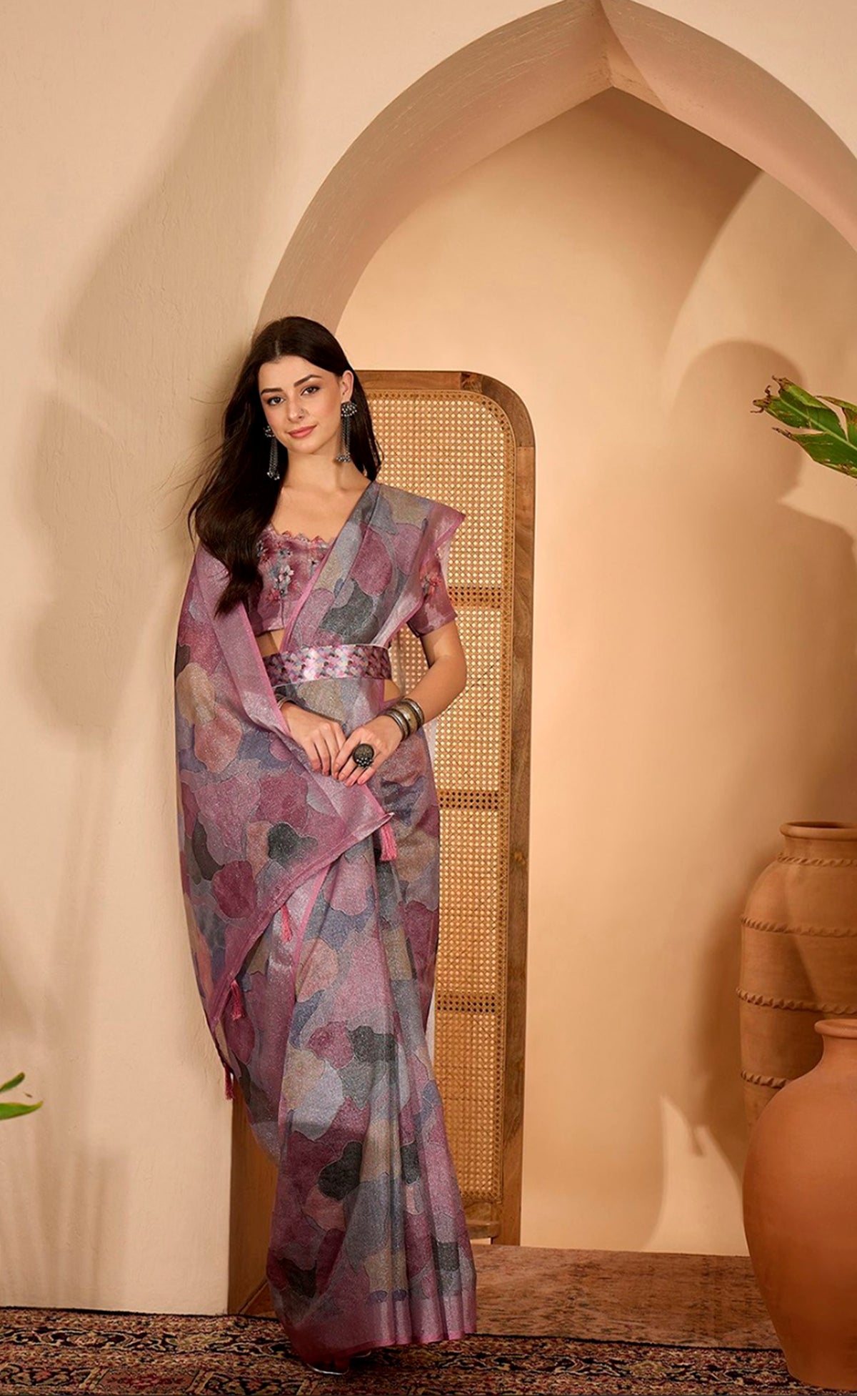 Mauve Floral Print Linen Cotton Saree with Blouse for Women