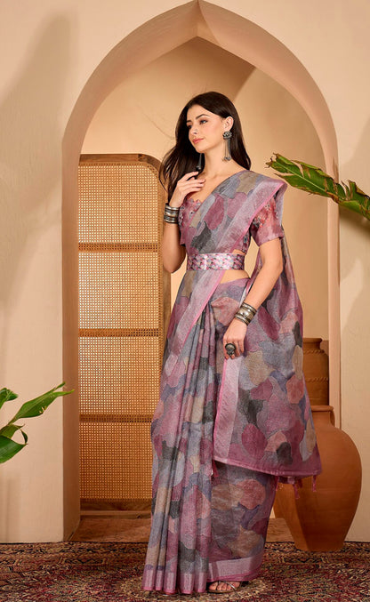 Mauve Floral Print Linen Cotton Saree with Blouse for Women