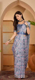 Blue Floral Print Linen Cotton Saree with Blouse for Women