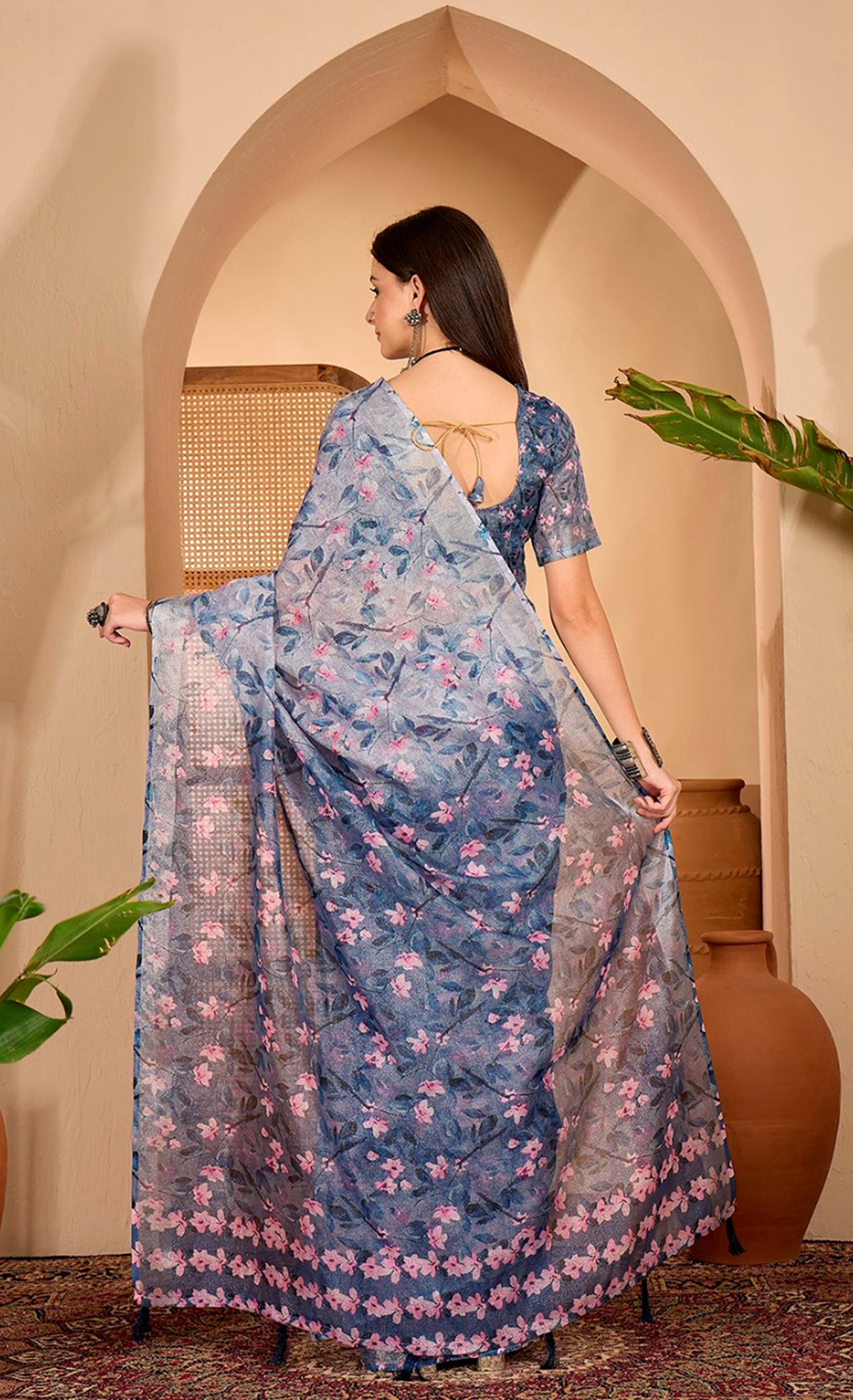 Blue Floral Print Linen Cotton Saree with Blouse for Women