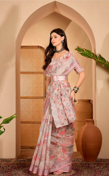 Pink Floral Print Linen Cotton Saree with Blouse 2 for Women