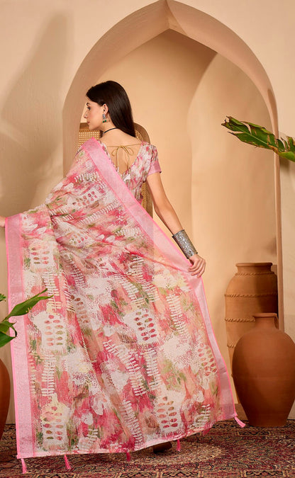 Pink Floral Print Linen Cotton Saree with Blouse ™ for Women