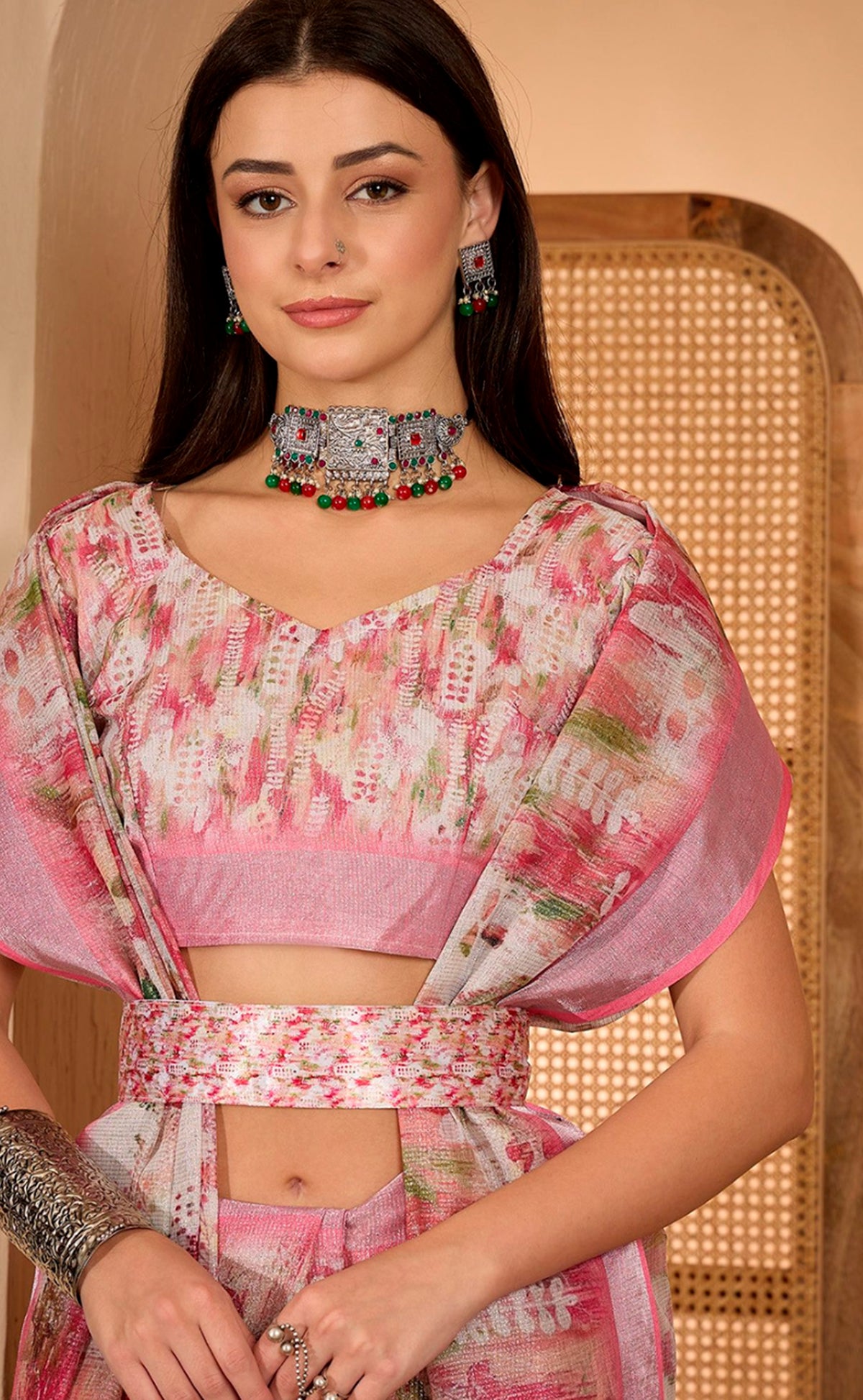 Pink Floral Print Linen Cotton Saree with Blouse ™ for Women