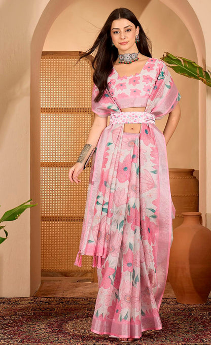 Pink Floral Print Linen Cotton Saree with Blouse for Women