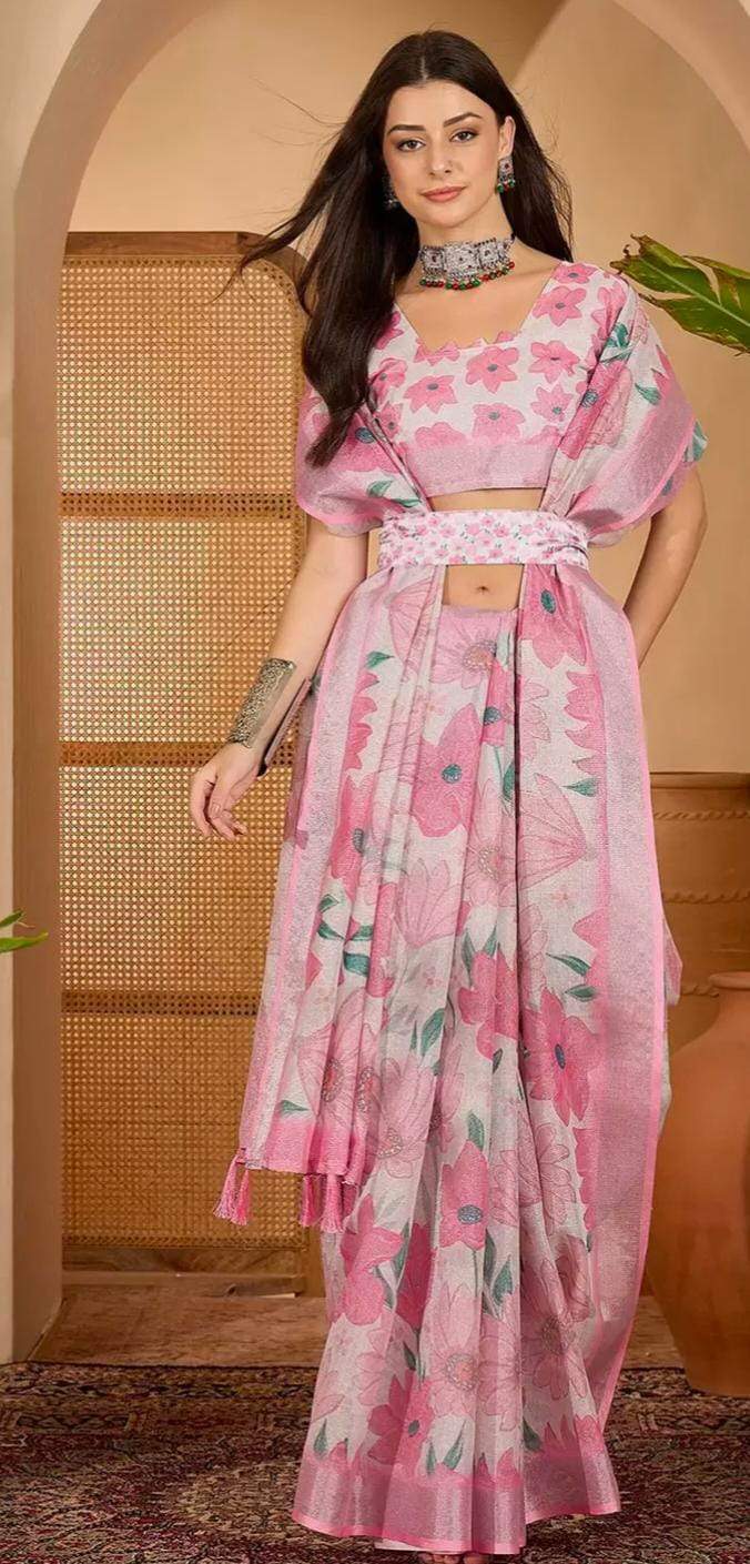 Pink Floral Print Linen Cotton Saree with Blouse for Women