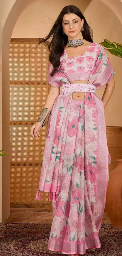 Pink Floral Print Linen Cotton Saree with Blouse for Women