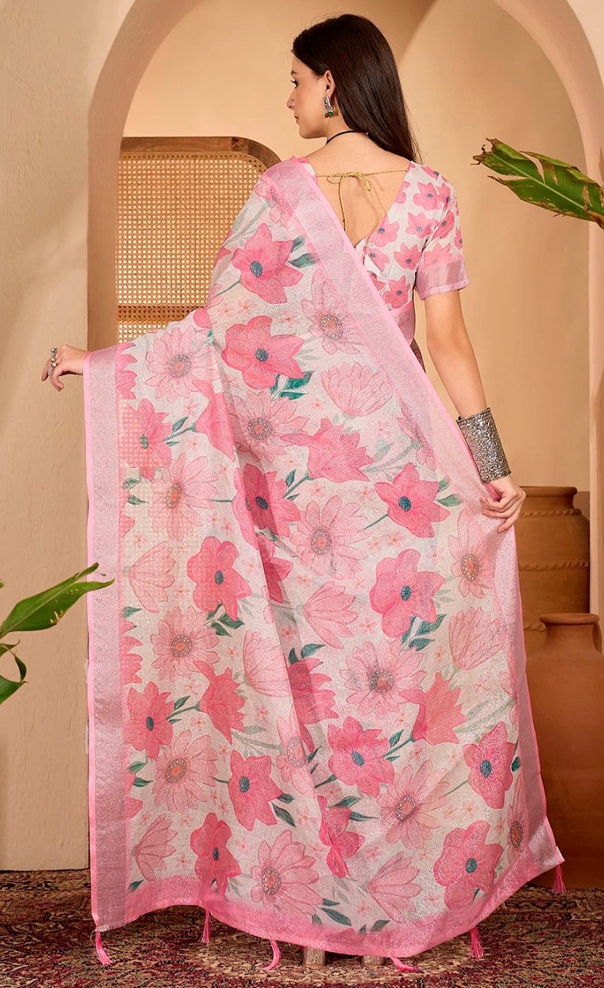 Pink Floral Print Linen Cotton Saree with Blouse for Women