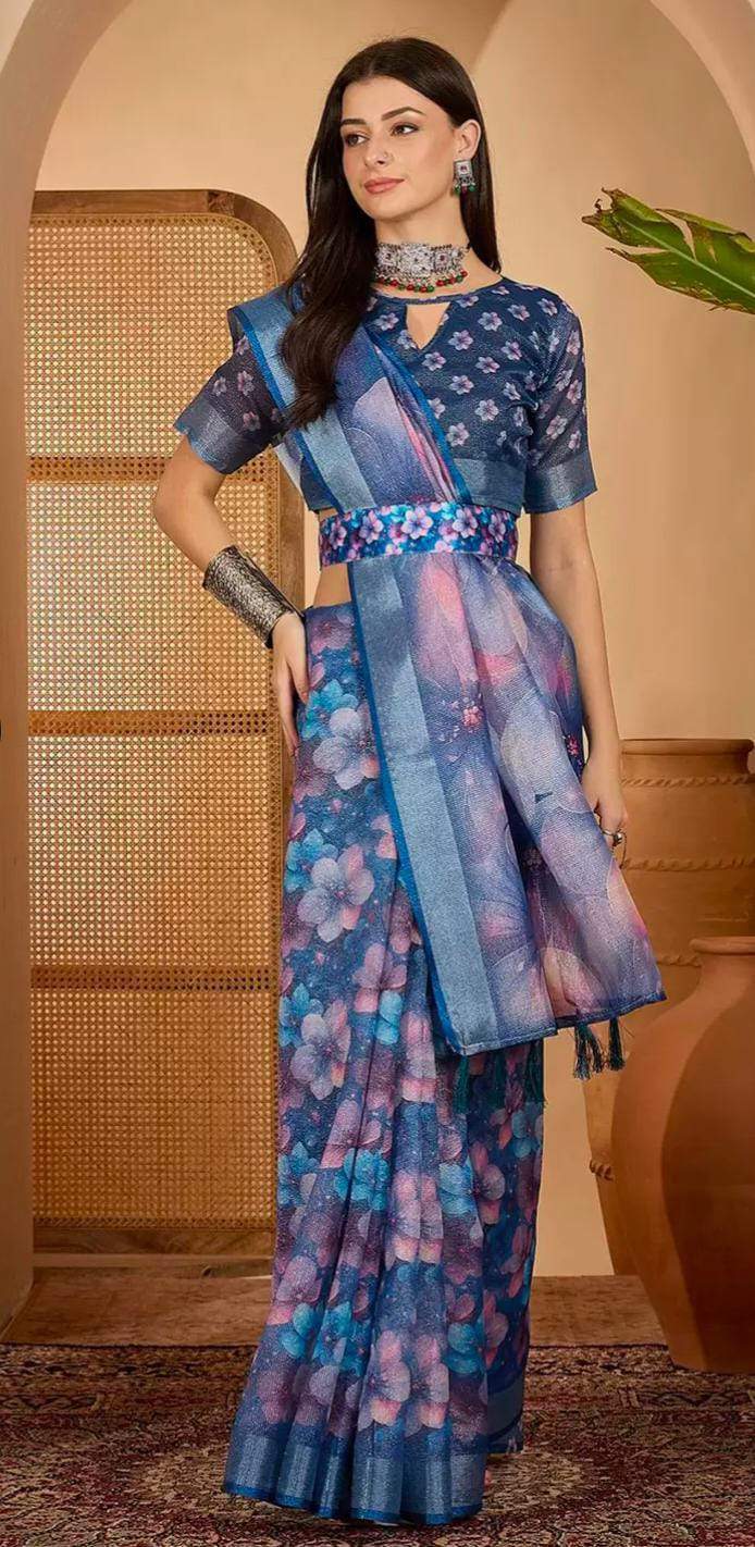 Blue Floral Print Linen Cotton Saree with Blouse ™ for Women