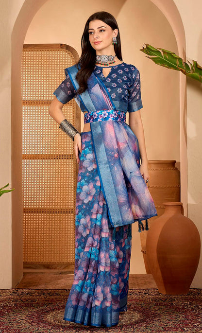 Blue Floral Print Linen Cotton Saree with Blouse ™ for Women