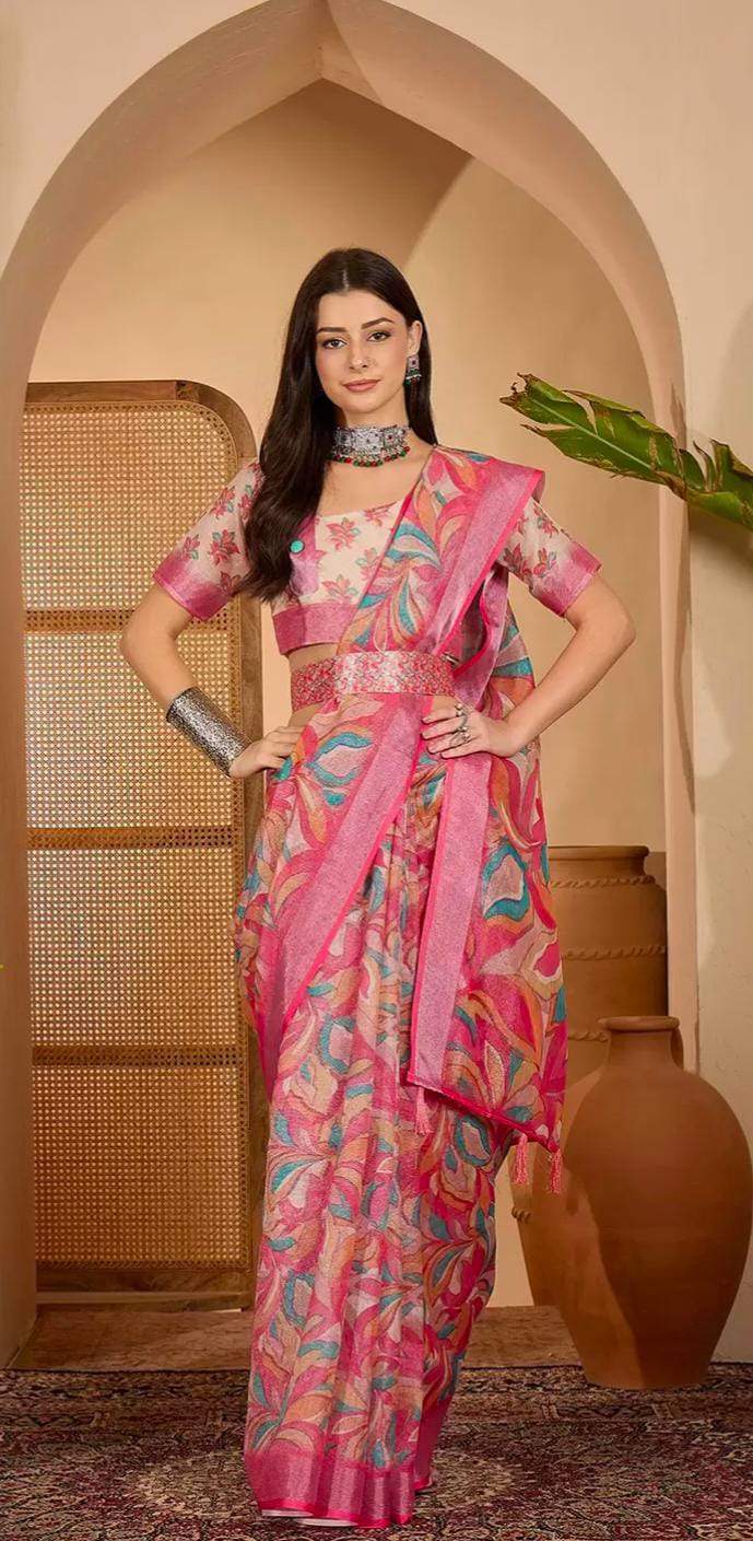 Pink Multicolor Floral Print Linen Cotton Saree ™ for Women