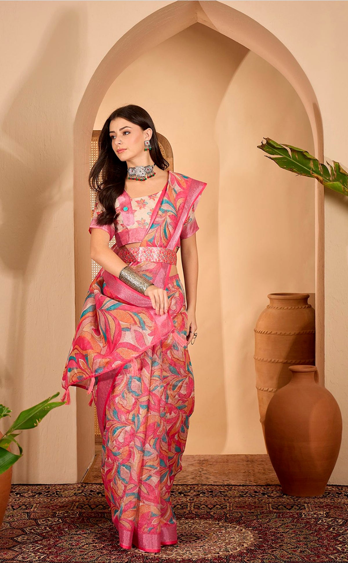 Pink Multicolor Floral Print Linen Cotton Saree ™ for Women