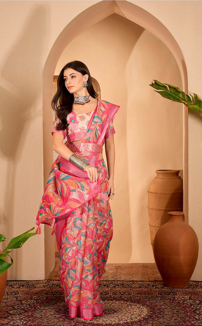 Pink Multicolor Floral Print Linen Cotton Saree ™ for Women