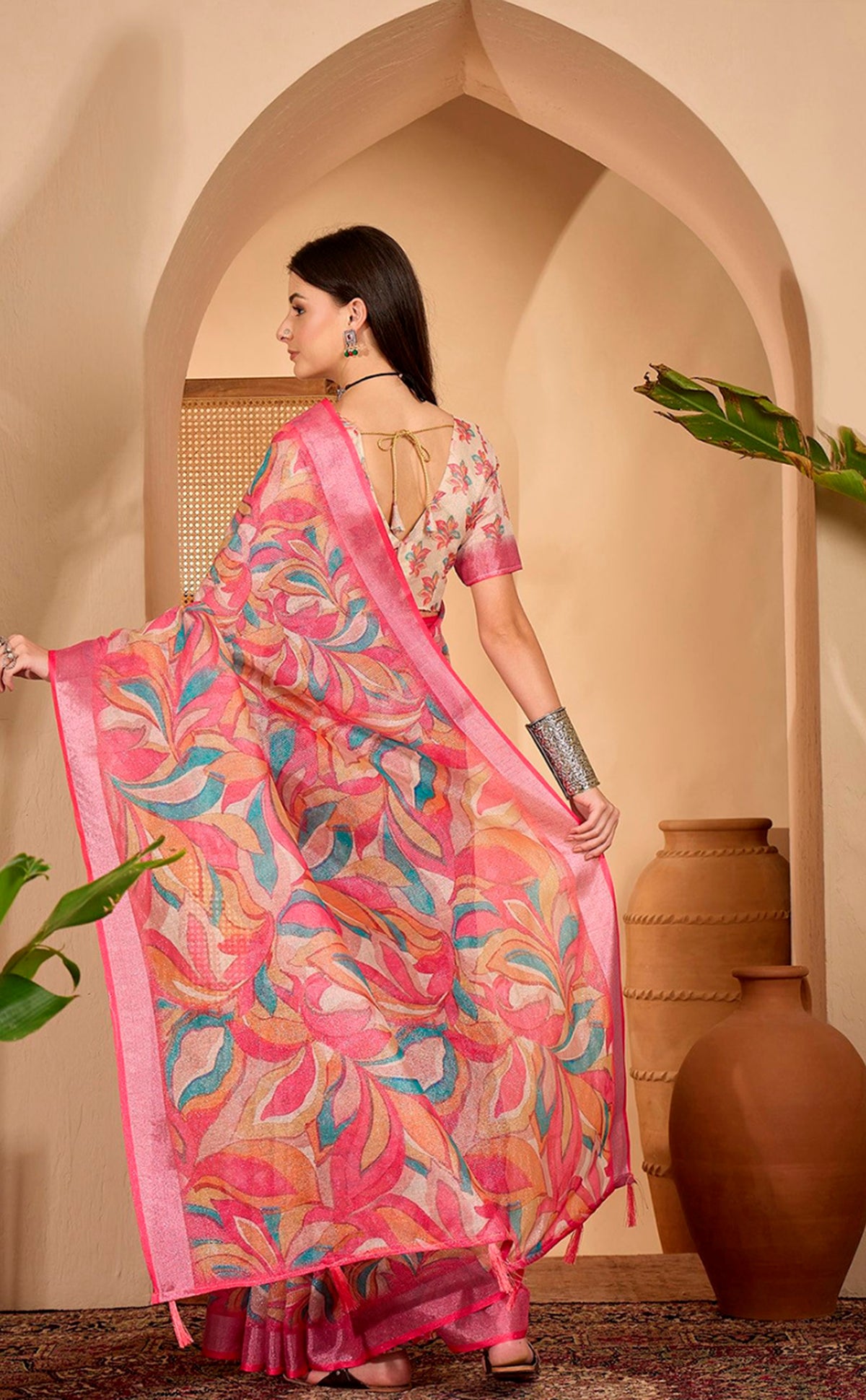 Pink Multicolor Floral Print Linen Cotton Saree ™ for Women