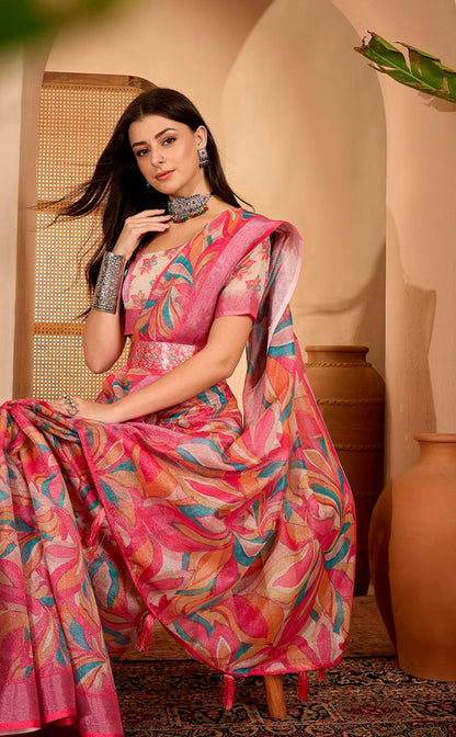 Pink Multicolor Floral Print Linen Cotton Saree ™ for Women