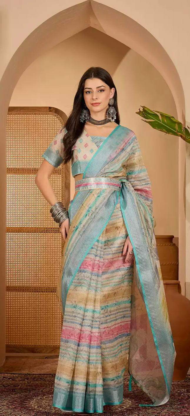 Multicolor Floral Linen Cotton Saree with Blouse for Women