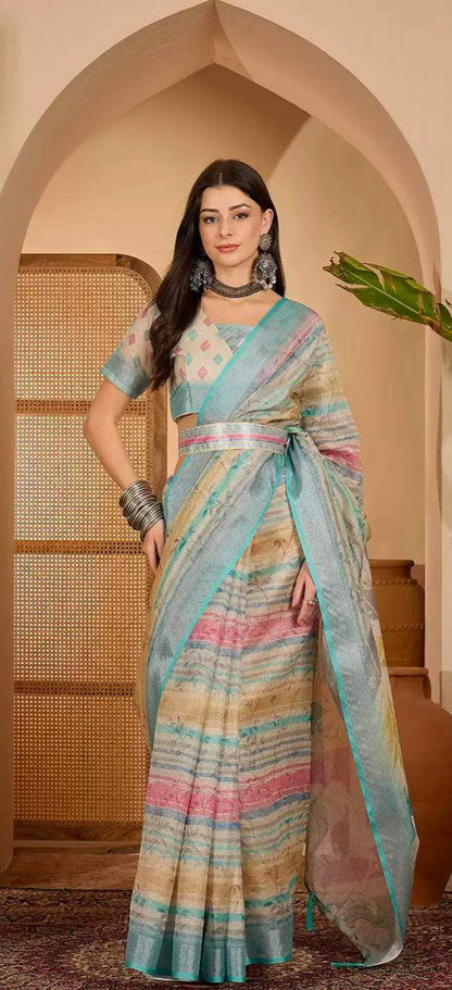 Multicolor Floral Linen Cotton Saree with Blouse for Women