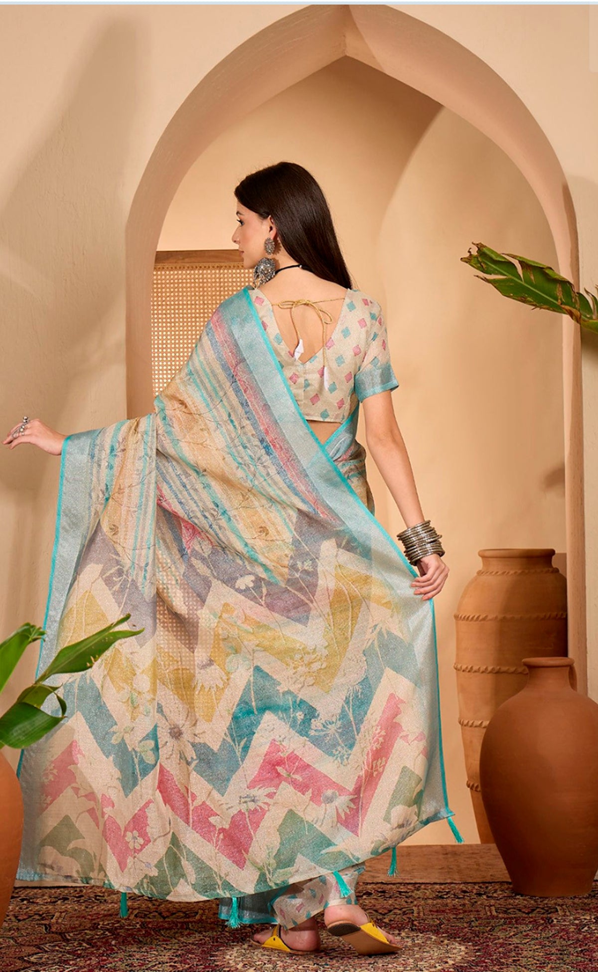 Multicolor Floral Linen Cotton Saree with Blouse for Women