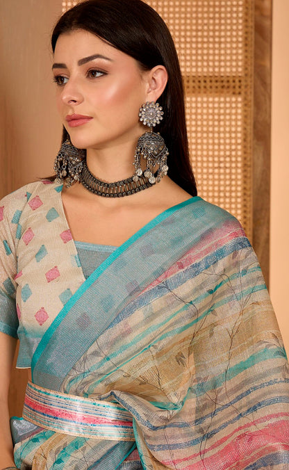 Multicolor Floral Linen Cotton Saree with Blouse for Women