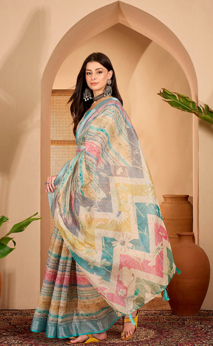 Multicolor Floral Linen Cotton Saree with Blouse for Women
