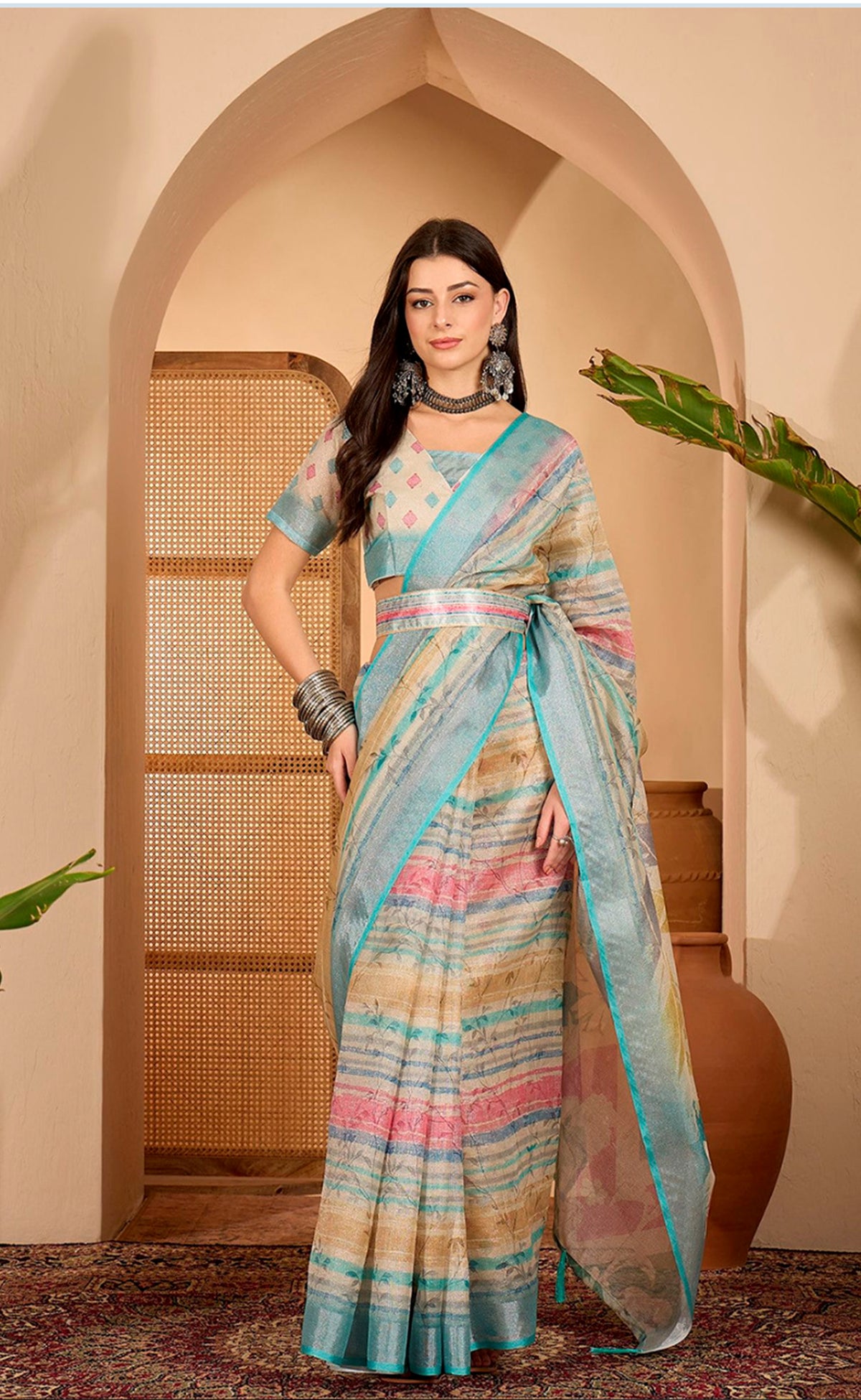 Multicolor Floral Linen Cotton Saree with Blouse for Women