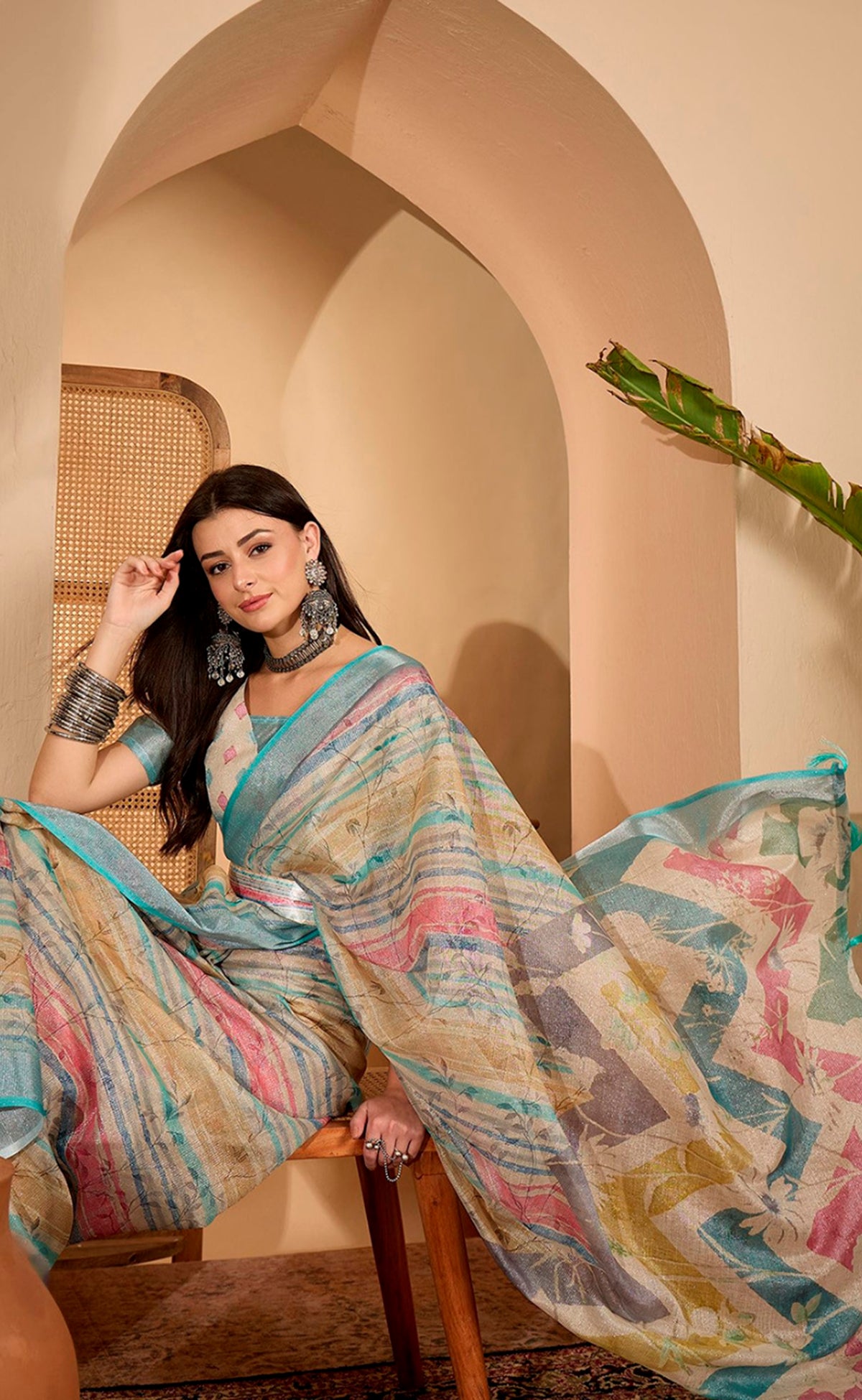 Multicolor Floral Linen Cotton Saree with Blouse for Women