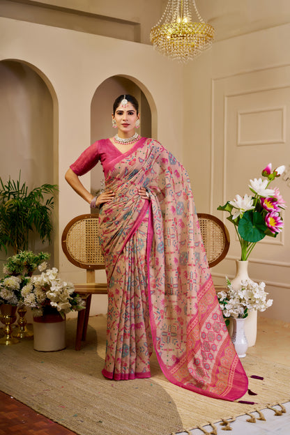 Tissue Handloom Cotton Saree with Zari Weave &amp; Floral Print for Women