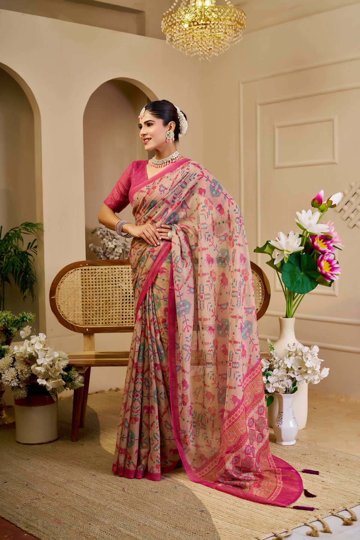 Tissue Handloom Cotton Saree with Zari Weave &amp; Floral Print for Women