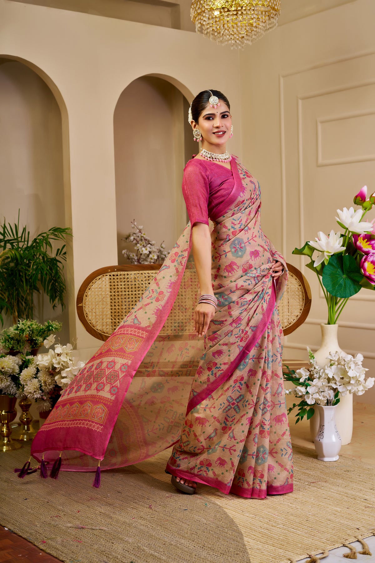 Tissue Handloom Cotton Saree with Zari Weave &amp; Floral Print for Women