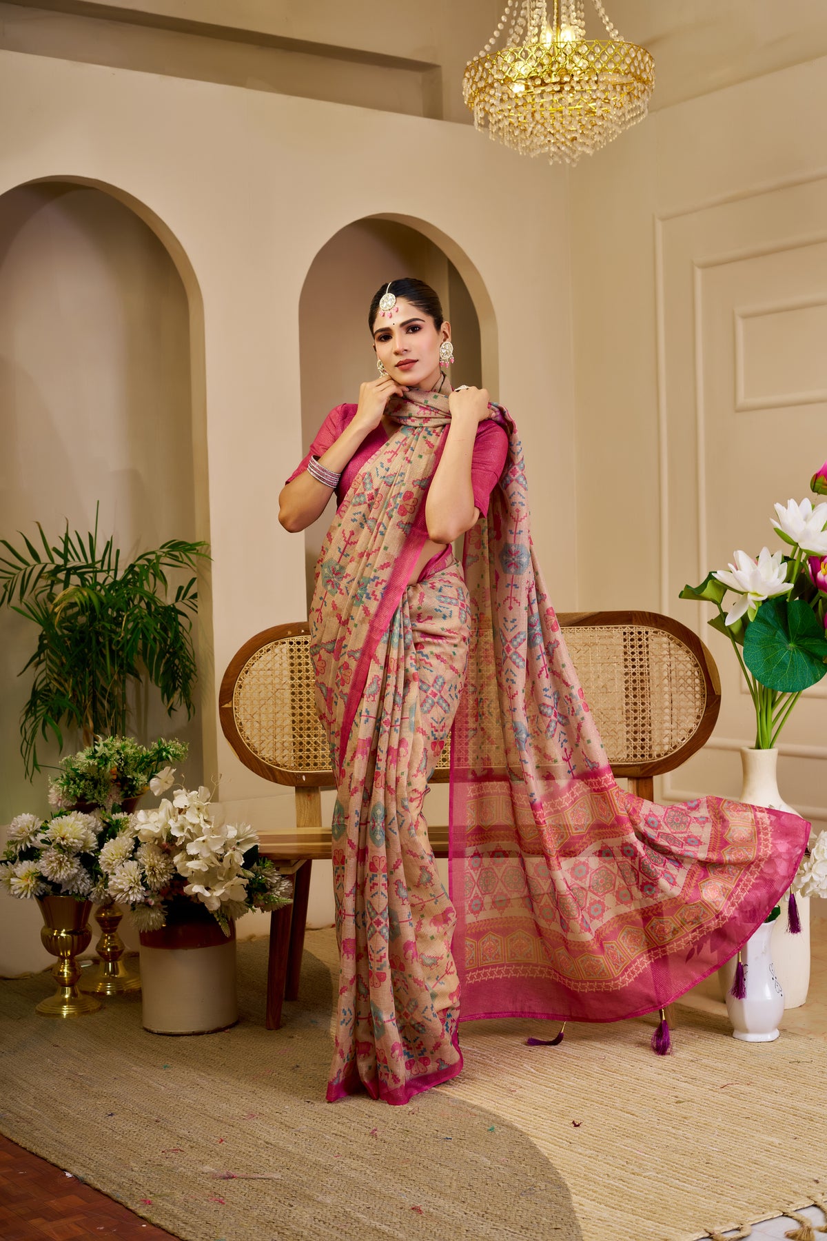 Tissue Handloom Cotton Saree with Zari Weave &amp; Floral Print for Women