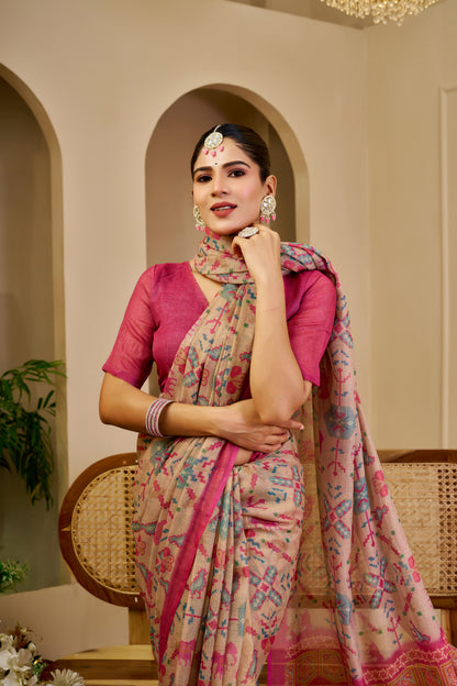 Tissue Handloom Cotton Saree with Zari Weave &amp; Floral Print for Women