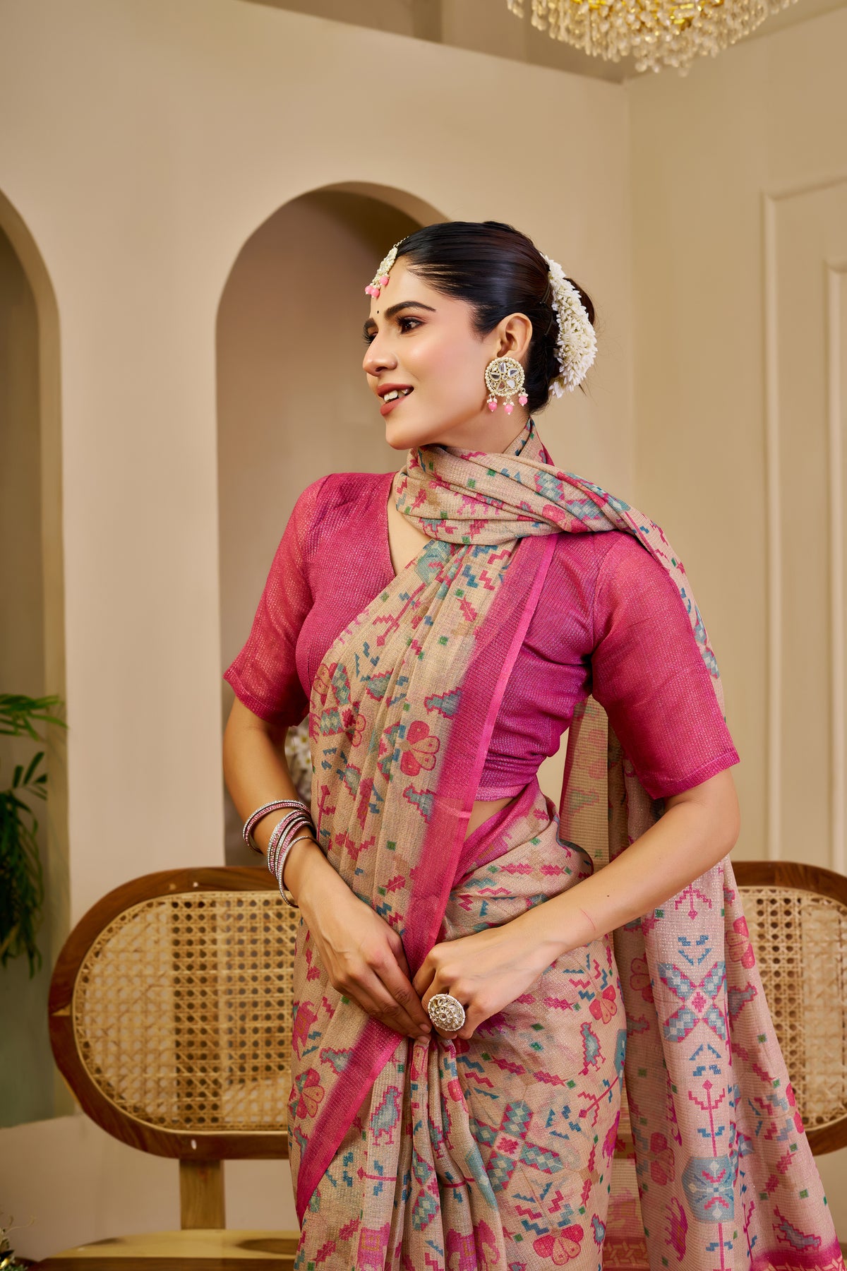 Tissue Handloom Cotton Saree with Zari Weave &amp; Floral Print for Women