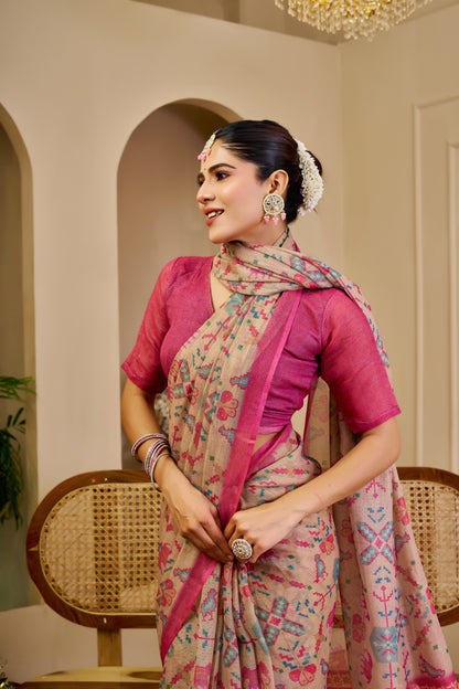 Tissue Handloom Cotton Saree with Zari Weave &amp; Floral Print for Women