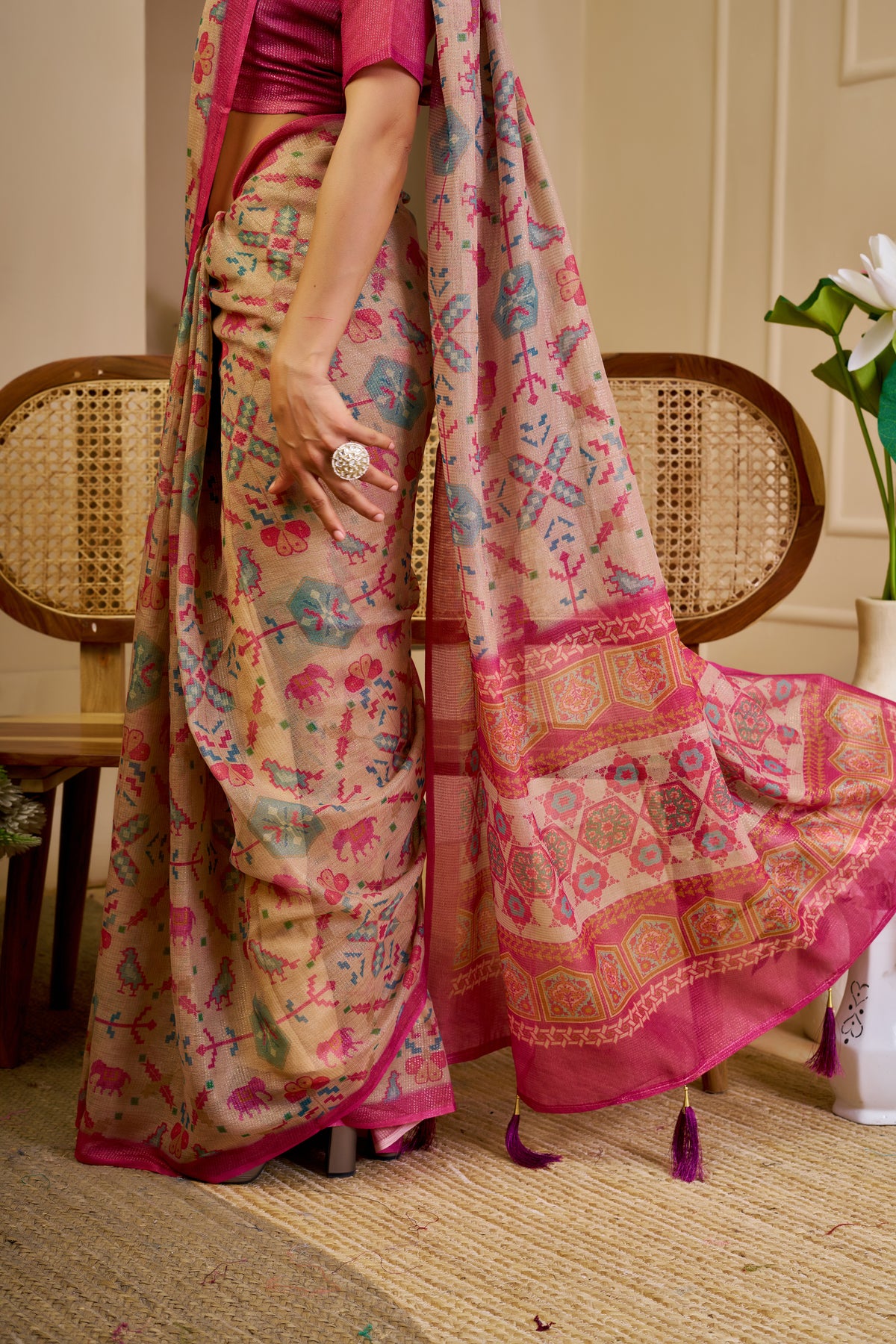 Tissue Handloom Cotton Saree with Zari Weave &amp; Floral Print for Women