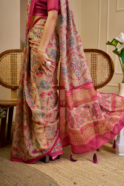 Tissue Handloom Cotton Saree with Zari Weave &amp; Floral Print for Women