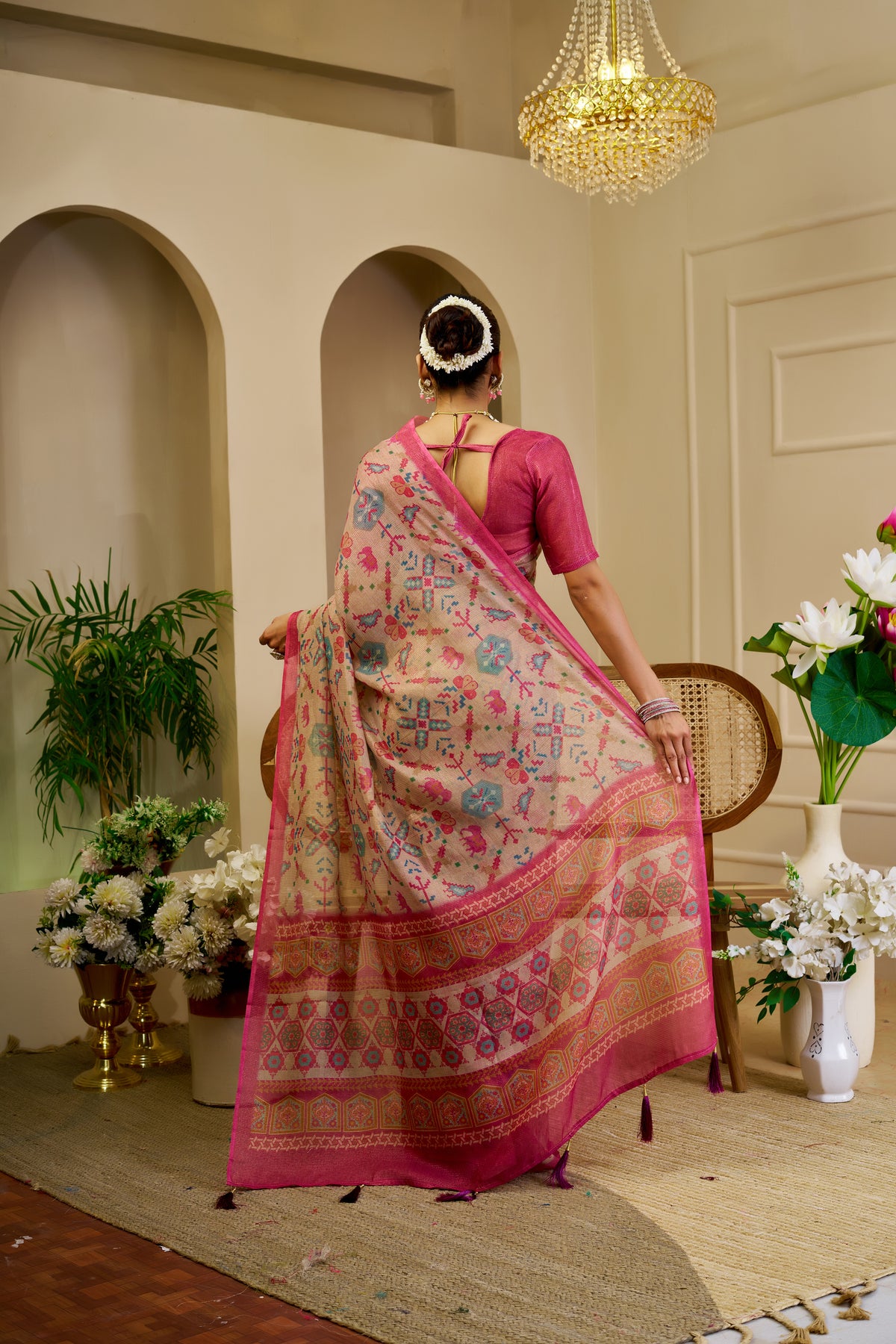 Tissue Handloom Cotton Saree with Zari Weave &amp; Floral Print for Women