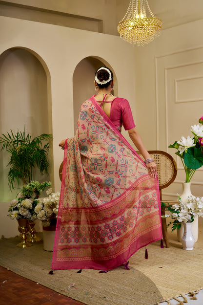 Tissue Handloom Cotton Saree with Zari Weave &amp; Floral Print for Women