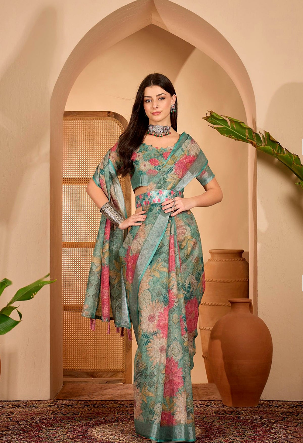 Teal Floral Printed Linen Cotton Saree With Matching Blouse for Women