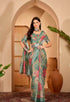 Teal Floral Printed Linen Cotton Saree With Matching Blouse for Women