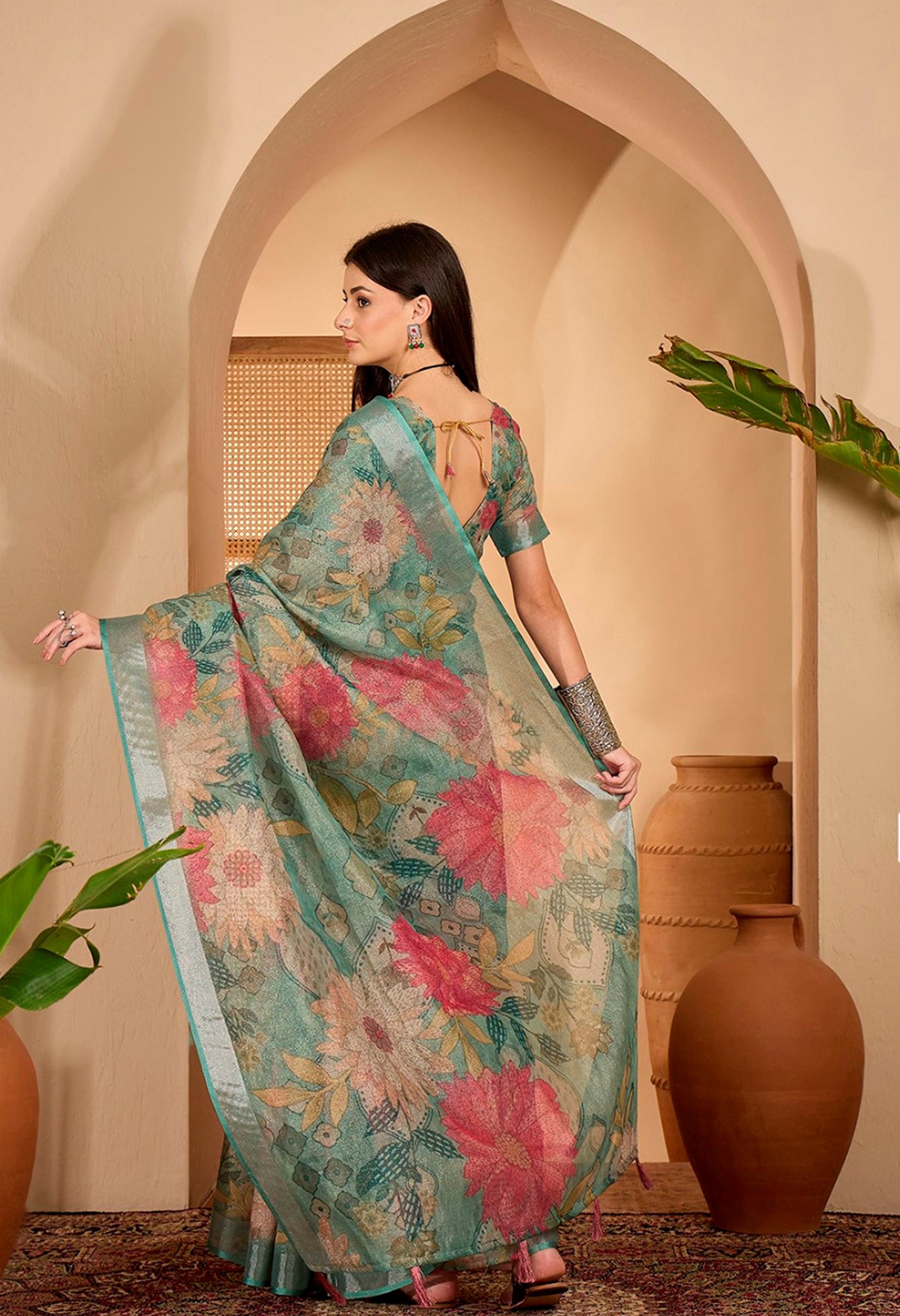 Teal Floral Printed Linen Cotton Saree With Matching Blouse for Women