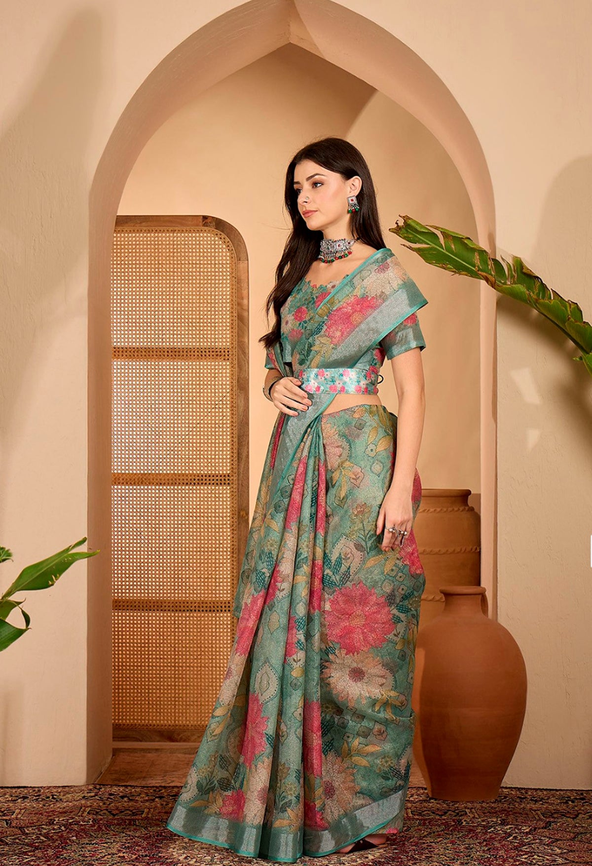 Teal Floral Printed Linen Cotton Saree With Matching Blouse for Women