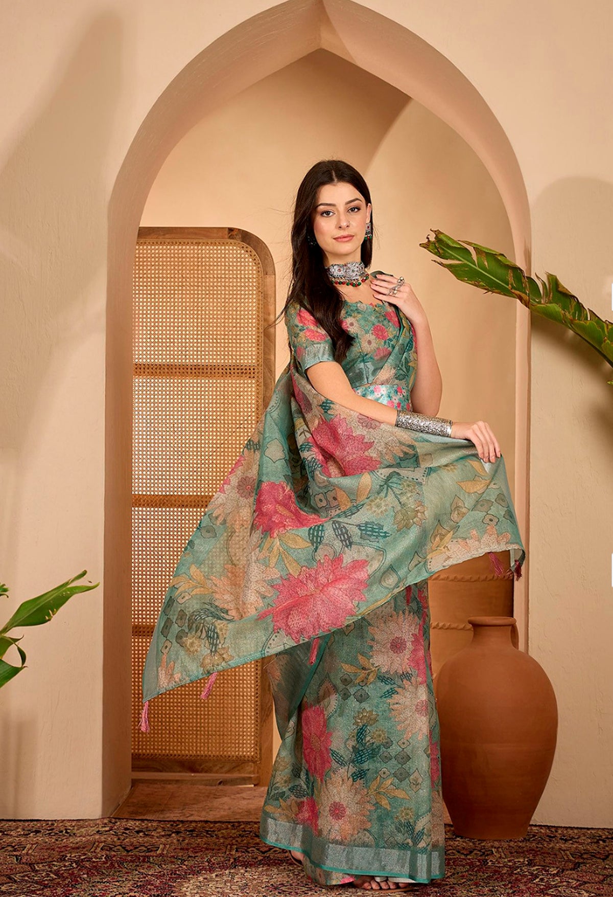 Teal Floral Printed Linen Cotton Saree With Matching Blouse for Women