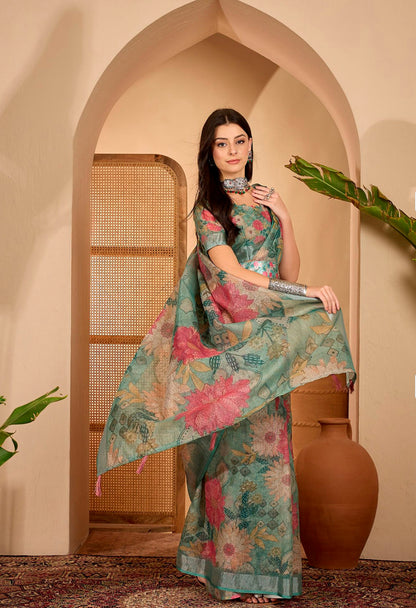 Teal Floral Printed Linen Cotton Saree With Matching Blouse for Women
