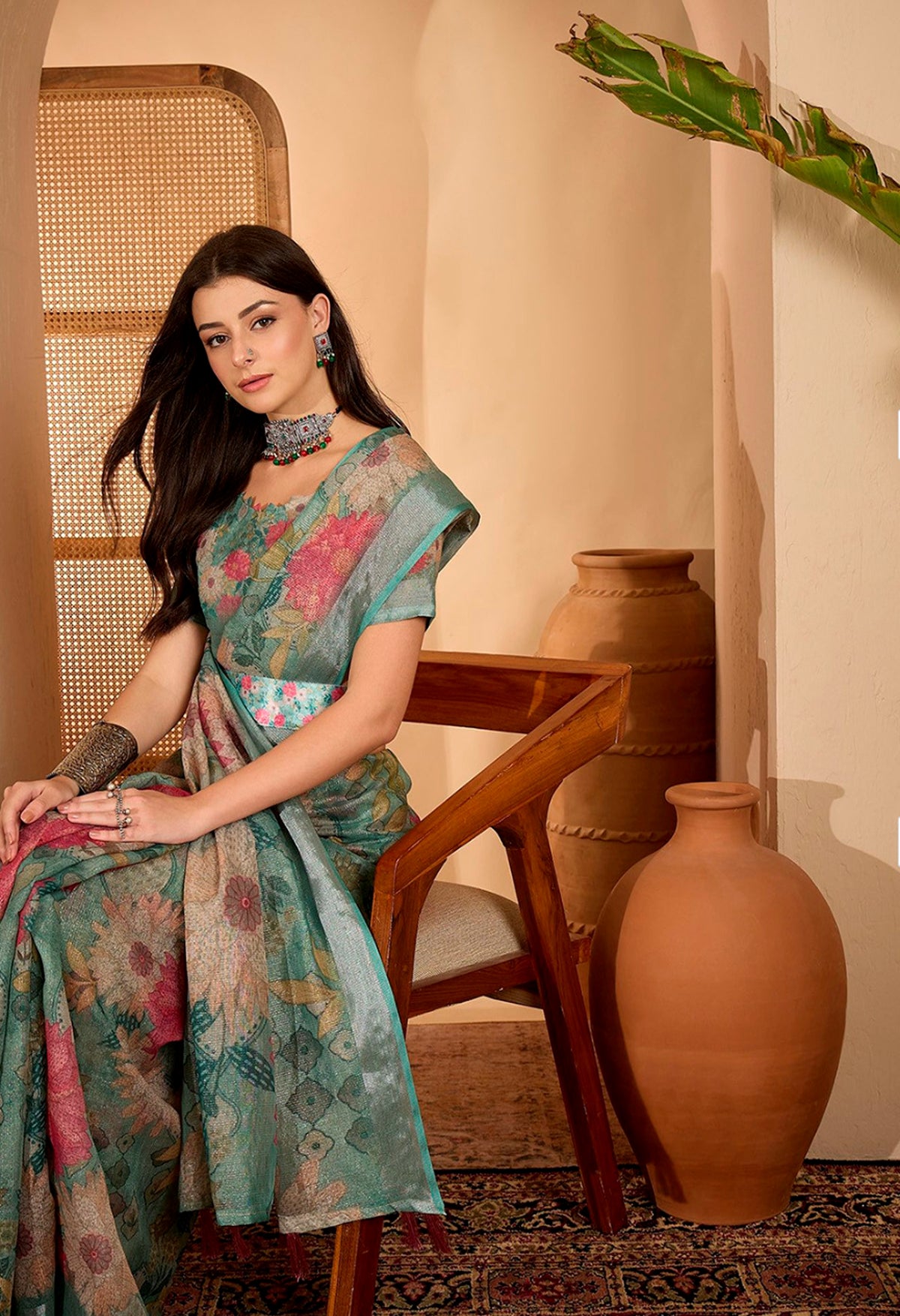 Teal Floral Printed Linen Cotton Saree With Matching Blouse for Women