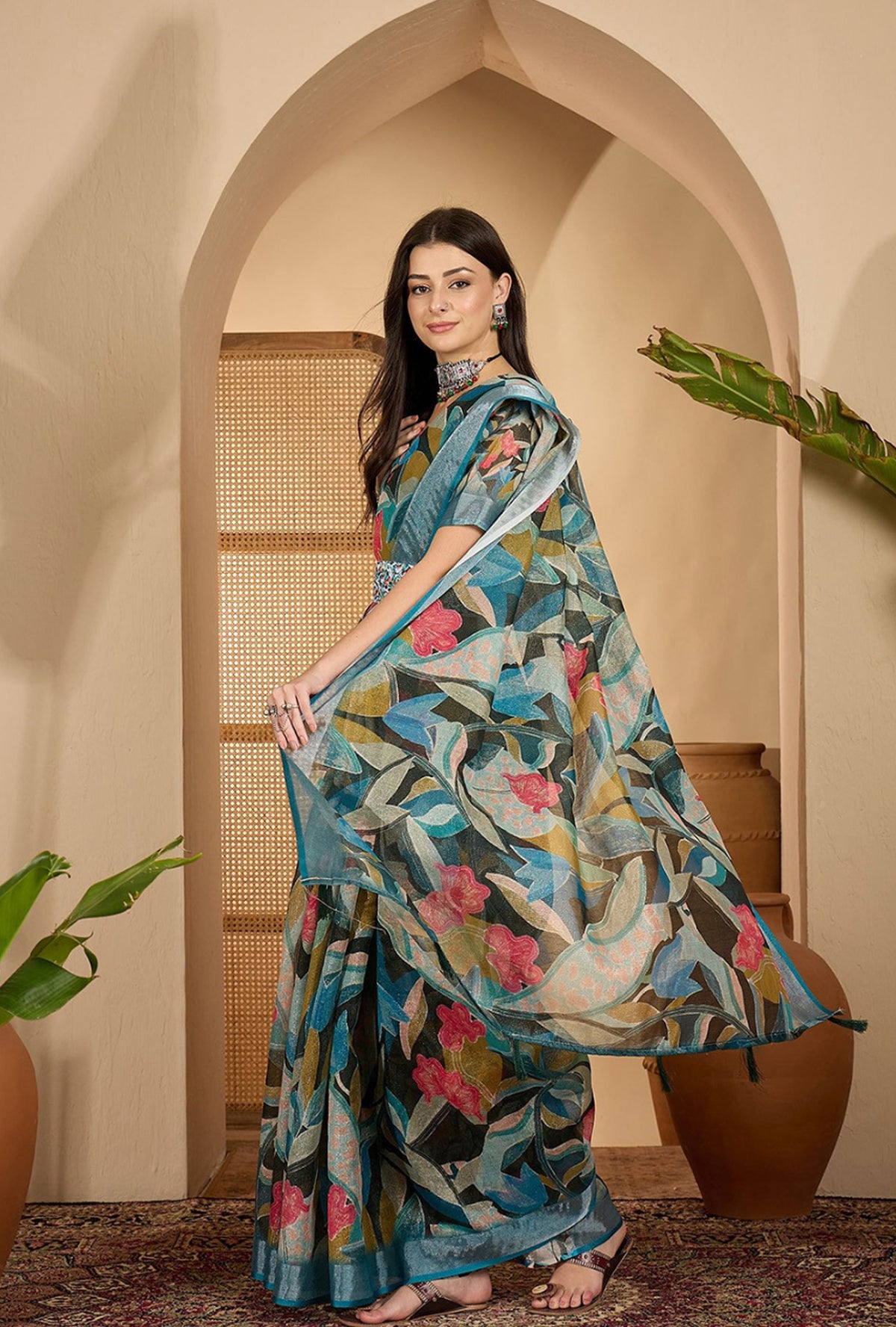 Teal Floral Linen Cotton Saree With Blue Border by Women for Women