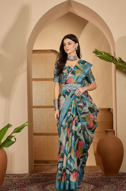 Teal Floral Linen Cotton Saree With Blue Border by Women for Women